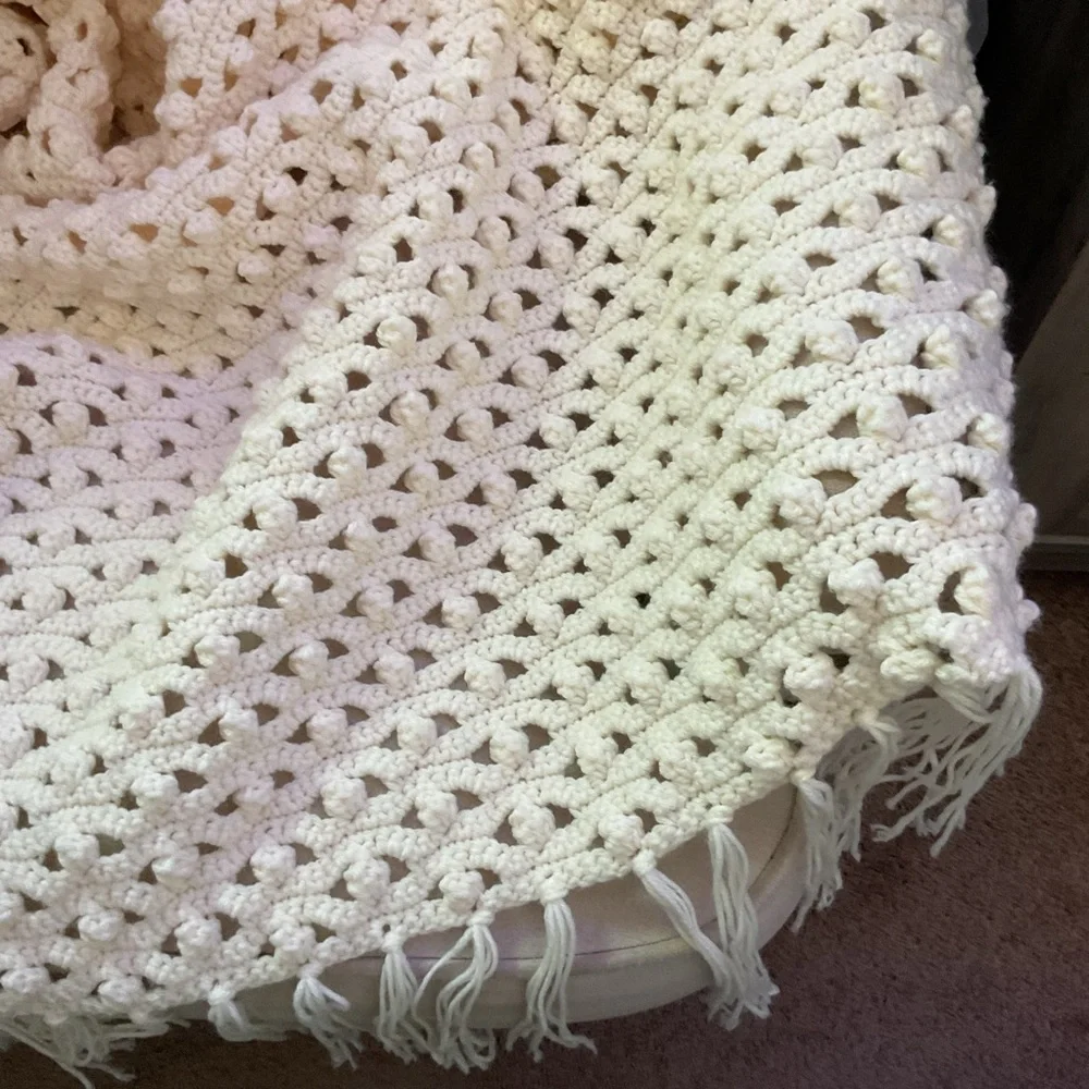 Cream Textured Furniture Cover with Fringe